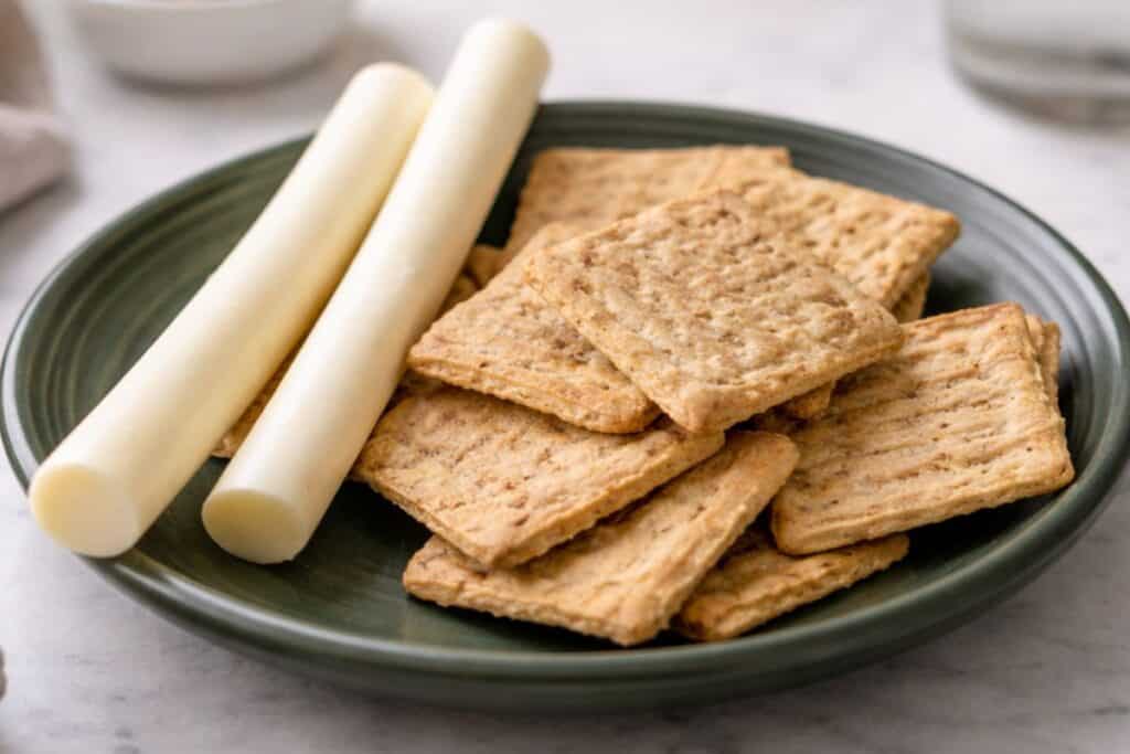 String cheese sticks with crackers on a small plate