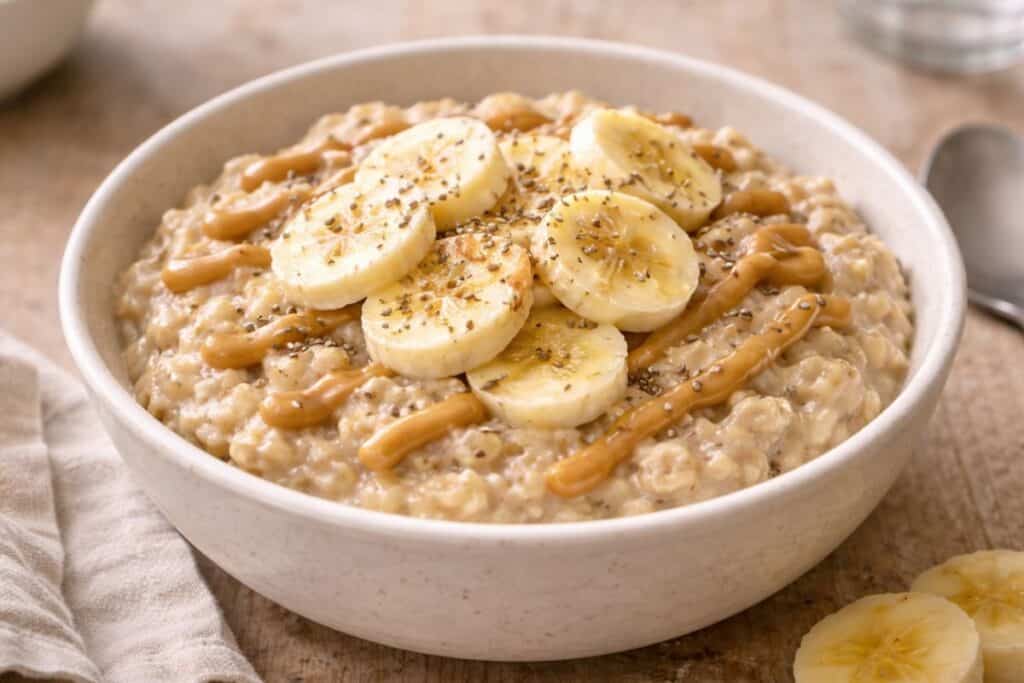 Bowl of oatmeal topped with banana slices and nuts