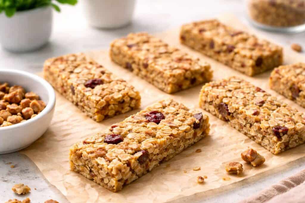 Granola bars with oats and nuts on a wooden surface