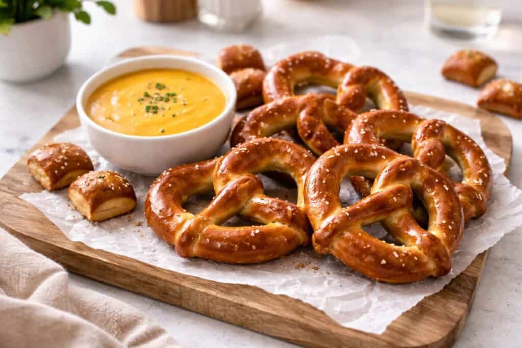 Pretzels served with cheese dip on a wooden board