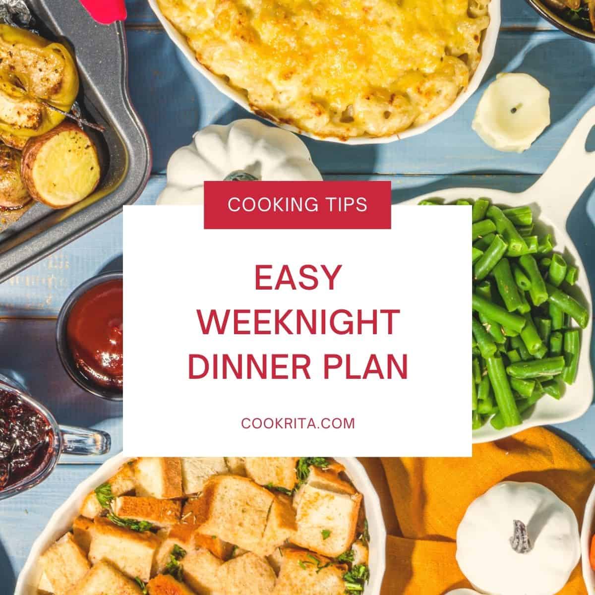 Collage of family dinners with pasta, vegetables, bread, and casseroles on a table