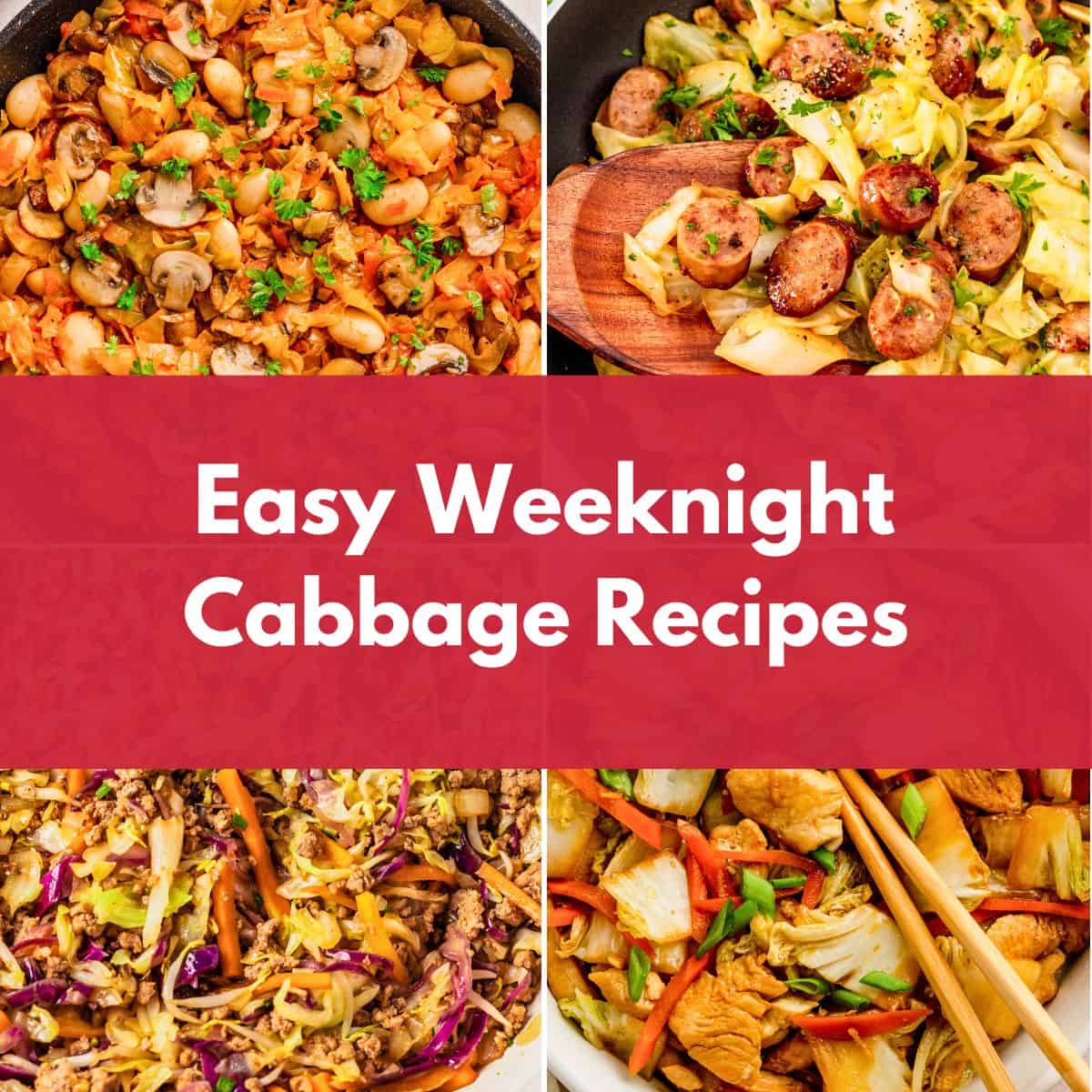Collage of cabbage dishes with text “Easy Weeknight Cabbage Recipes” in the center