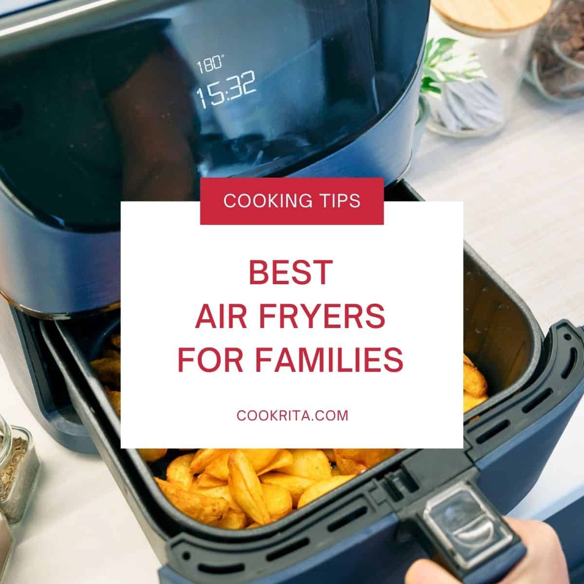 Air fryer with crispy fries and text Best Air Fryers For Families
