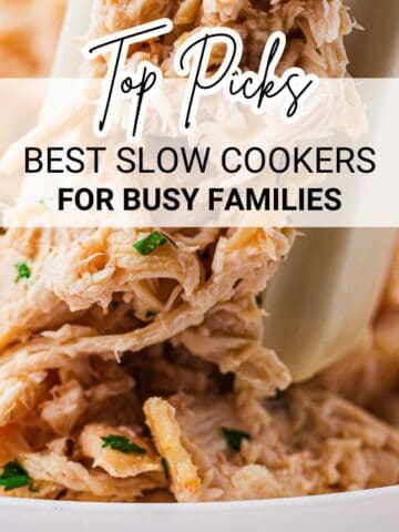 Slow cooker shredded chicken with ‘Best Slow Cookers for Busy Families’ text overlay