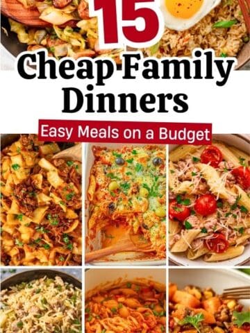 Easy cheap family dinners text over collage of pasta, stir fry, and rice dishes