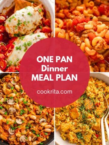 One pan dinner meal plan collage with chicken, pasta, rice, and skillet meals for easy weeknights