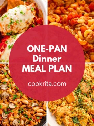 One pan dinner meal plan collage with chicken, pasta, rice, and skillet meals for easy weeknights