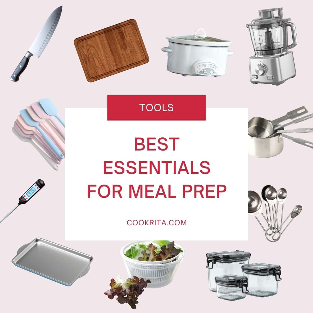 Kitchen meal prep essentials collage with knife, slow cooker, food processor, and containers