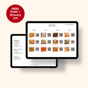 Mockup of a one-pan dinner meal plan and grocery list displayed on tablet and phone screens above a red ‘Send me the meal plan’ button.