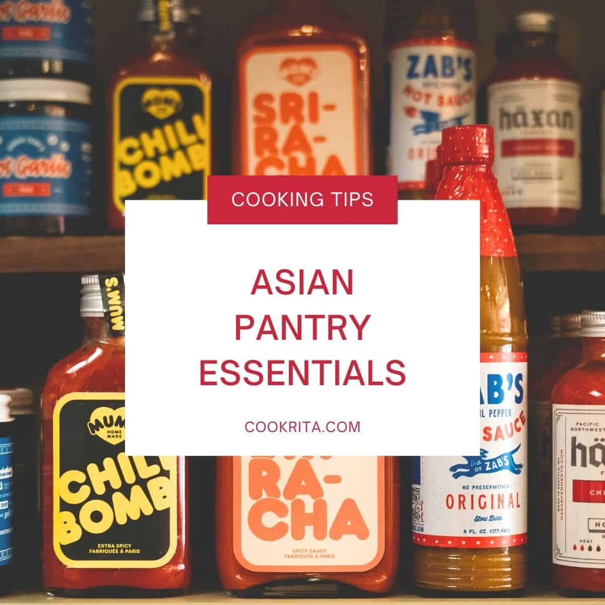 Asian pantry essentials graphic with sauces and cooking ingredients on shelves