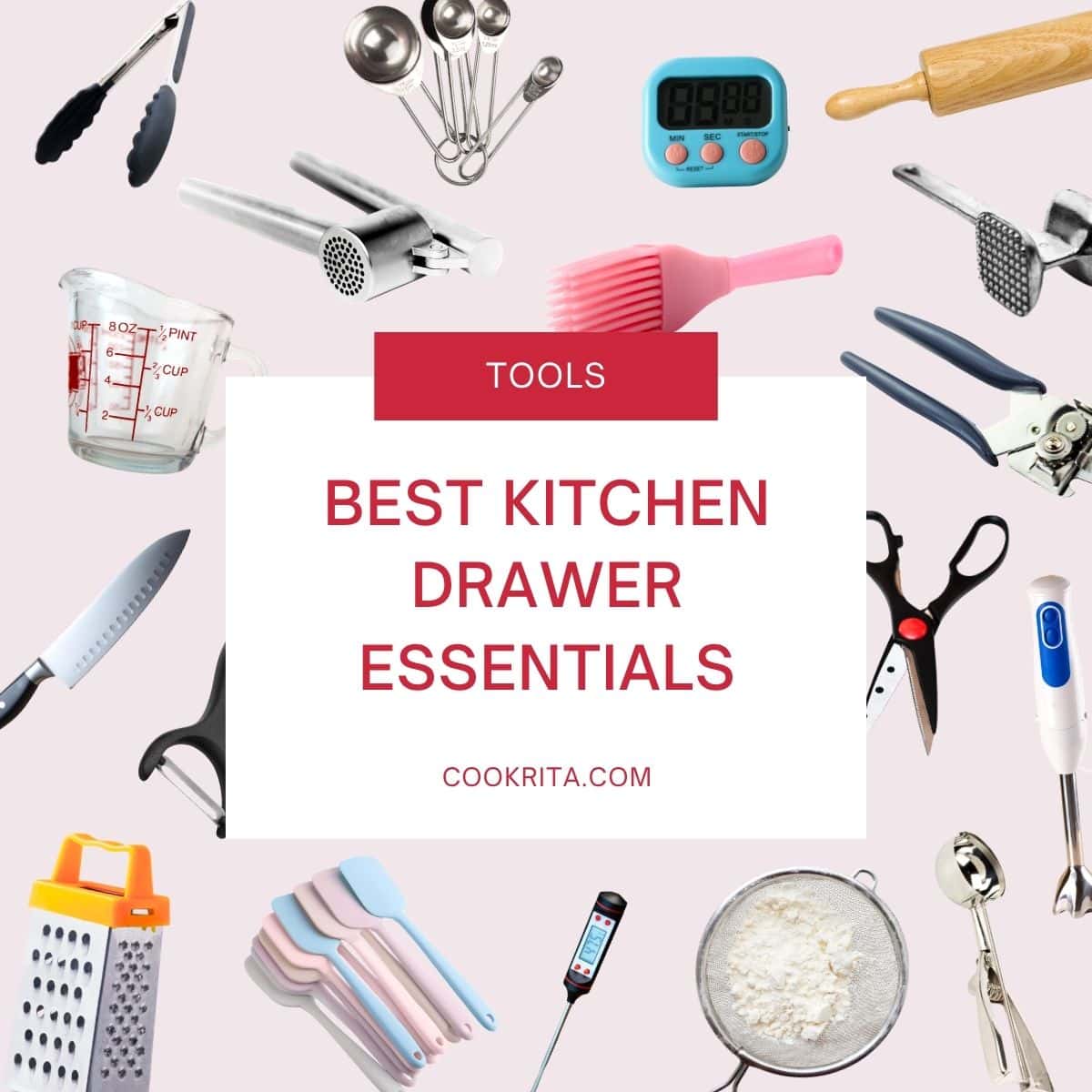 Collage of kitchen drawer essentials including knives, tongs, spatulas, and measuring tools.