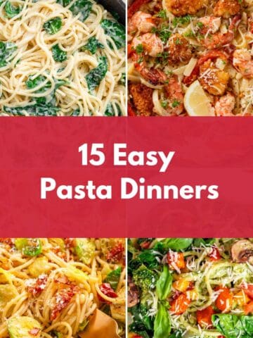 Collage of family-friendly pasta recipes including creamy chicken pasta, shrimp pasta, and vegetable pasta dishes with the title “15 Easy Pasta Dinners“