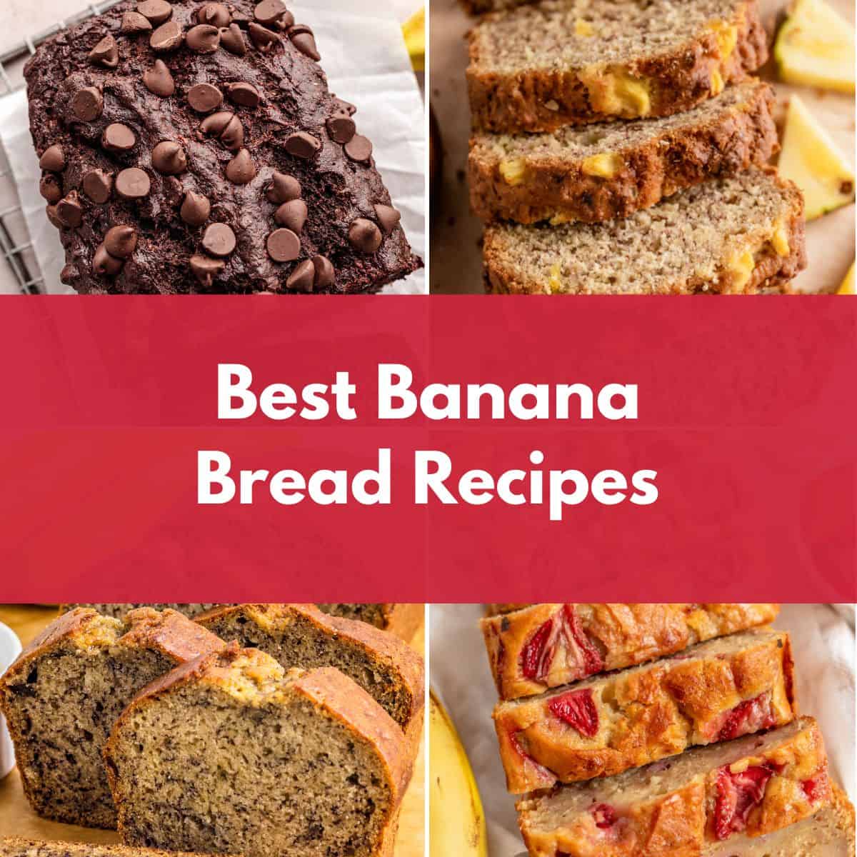 Collage of four banana bread loaves, including chocolate chip and strawberry banana bread slices.