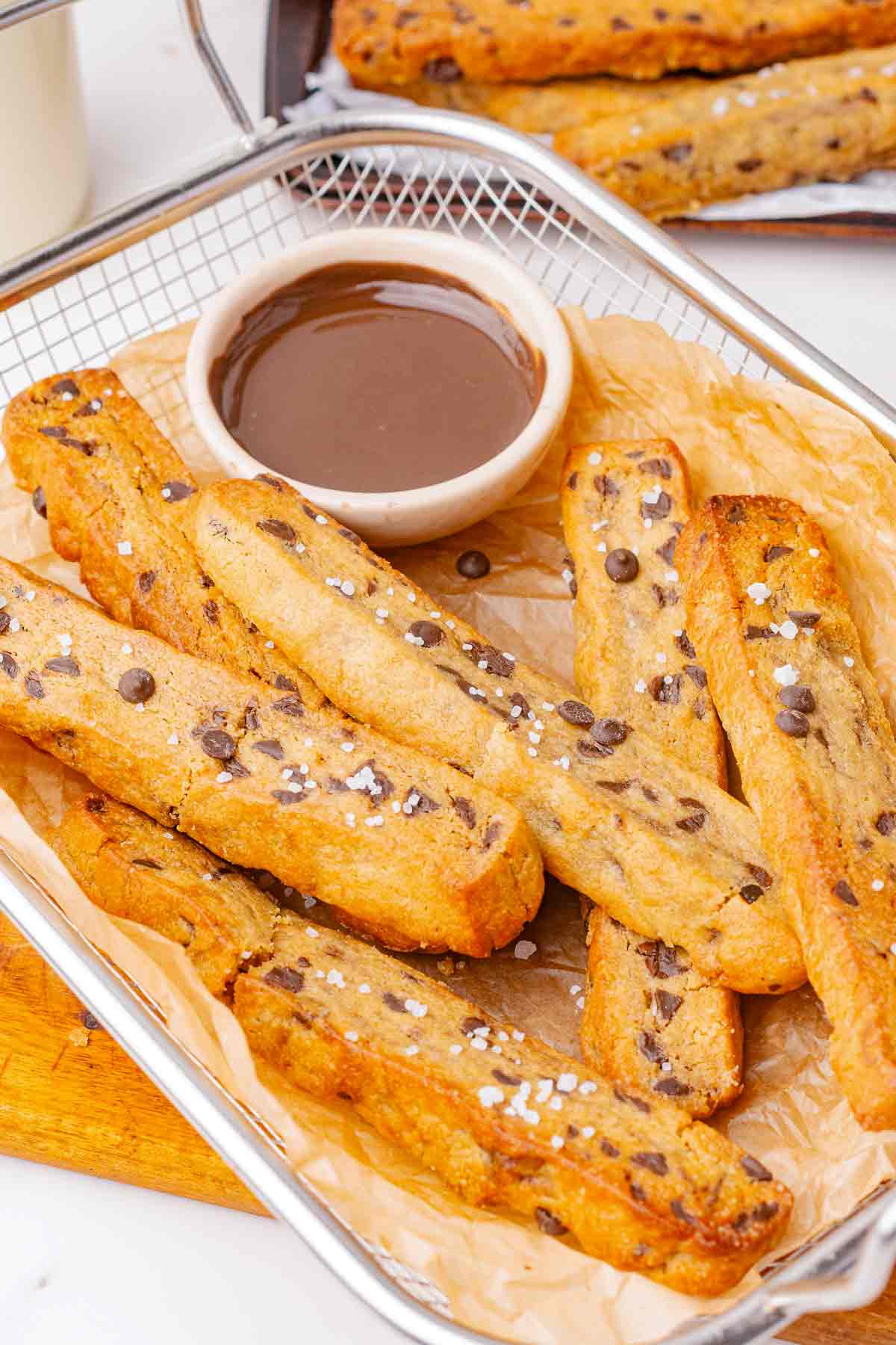 Air fryer cookie fries served with chocolate dipping sauce