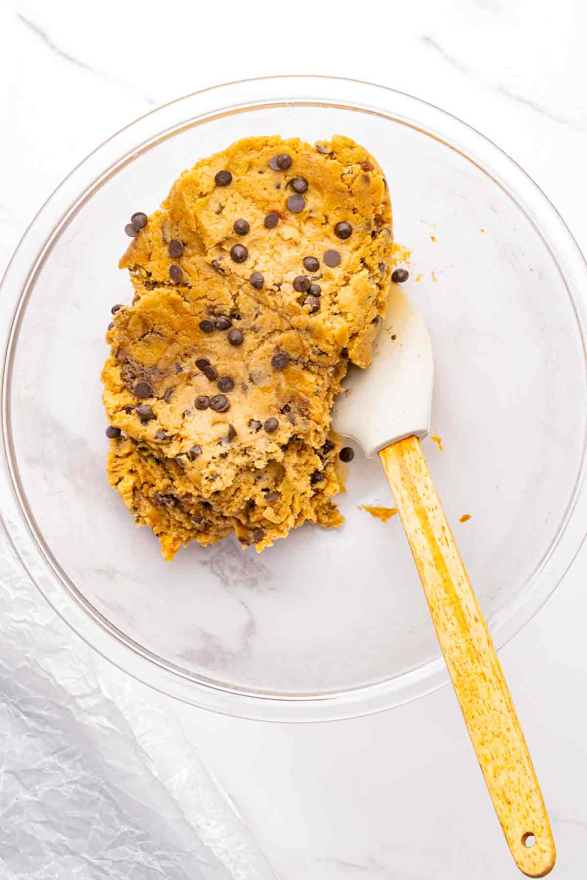 Chocolate chip cookie dough mixed and ready for chilling