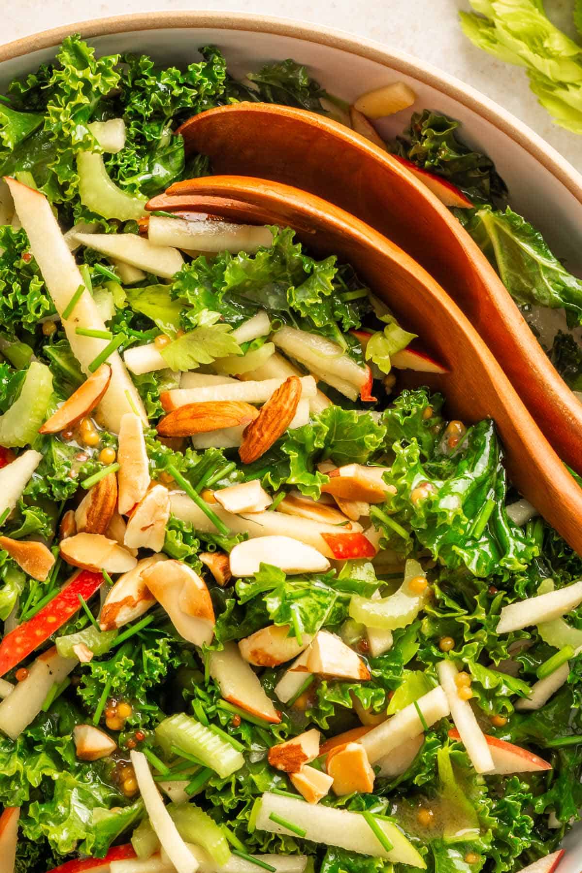 Close-up of kale apple salad with toasted almonds and creamy dressing