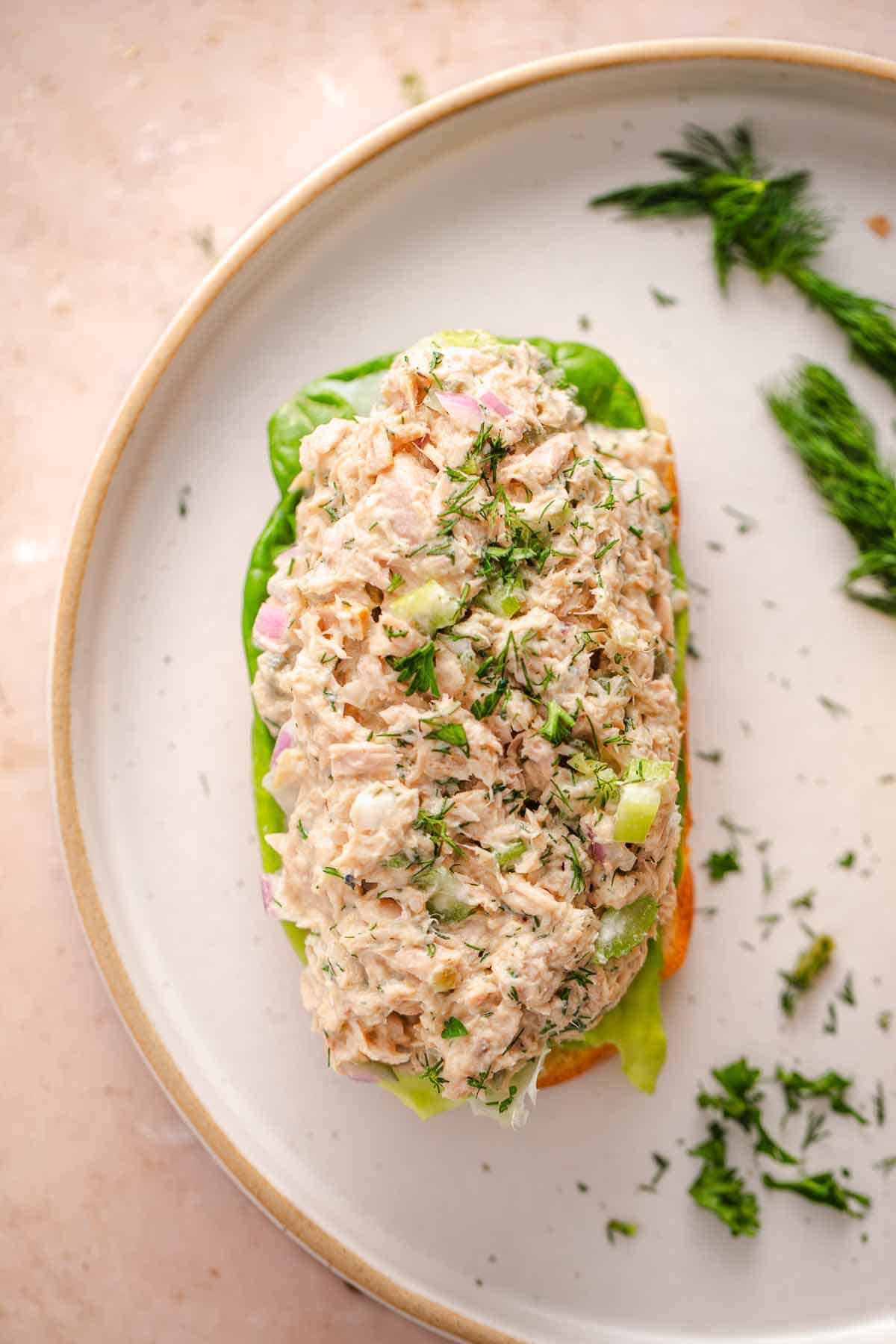 Open-faced tuna salad sandwich with lettuce and dill on a white plate