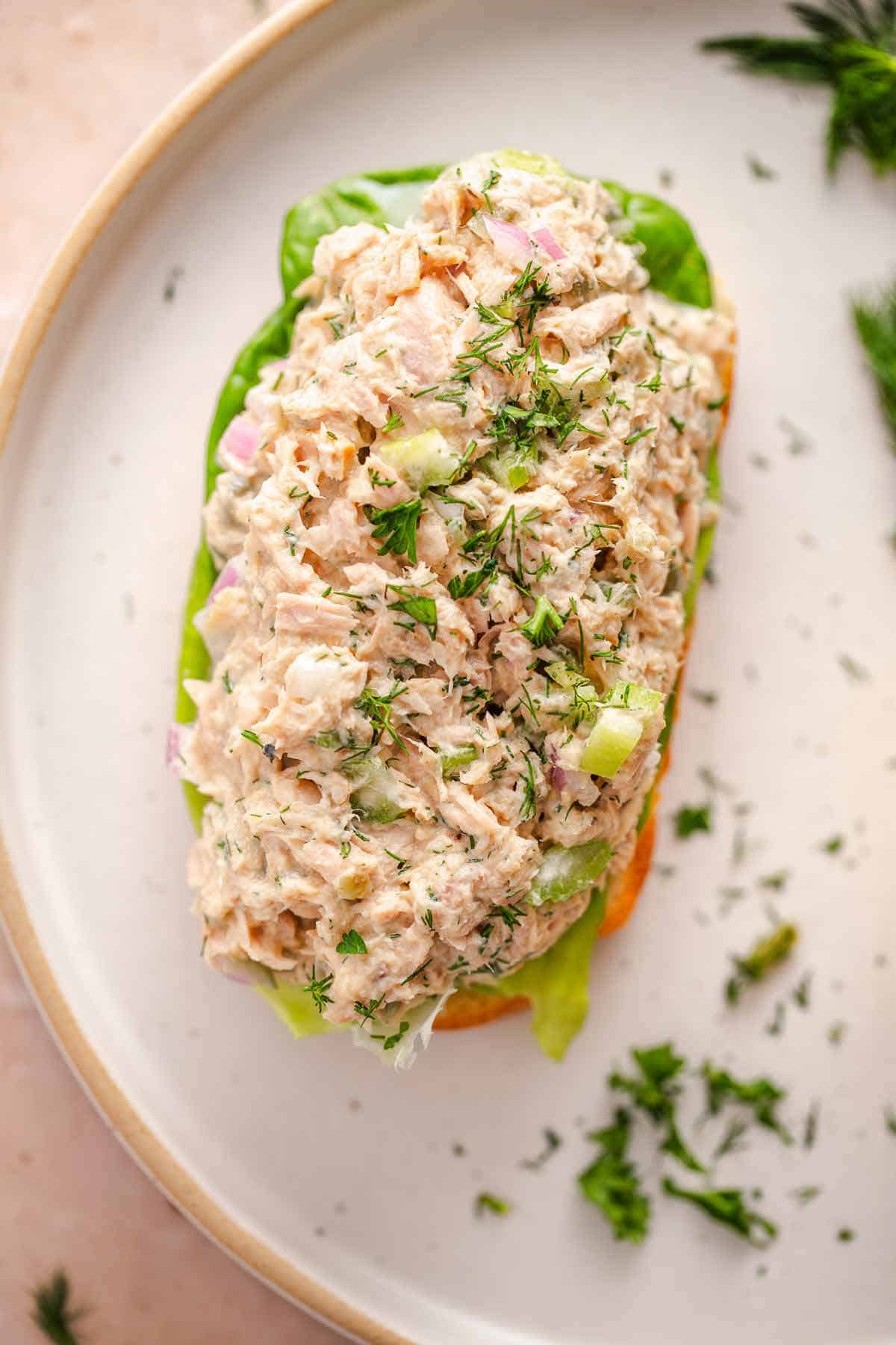 Open-faced tuna salad sandwich with lettuce and fresh dill on a plate