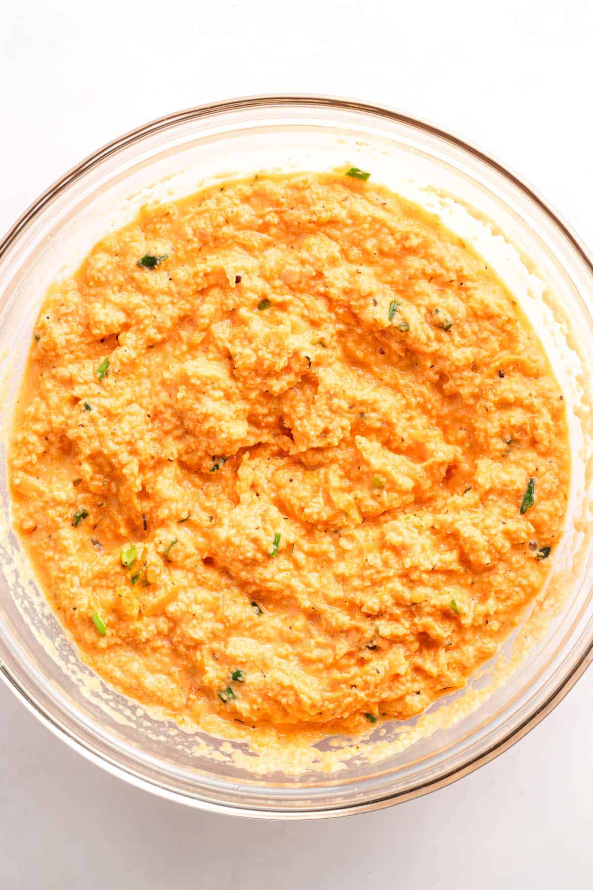 Red lentil and sweet potato batter mixed until smooth