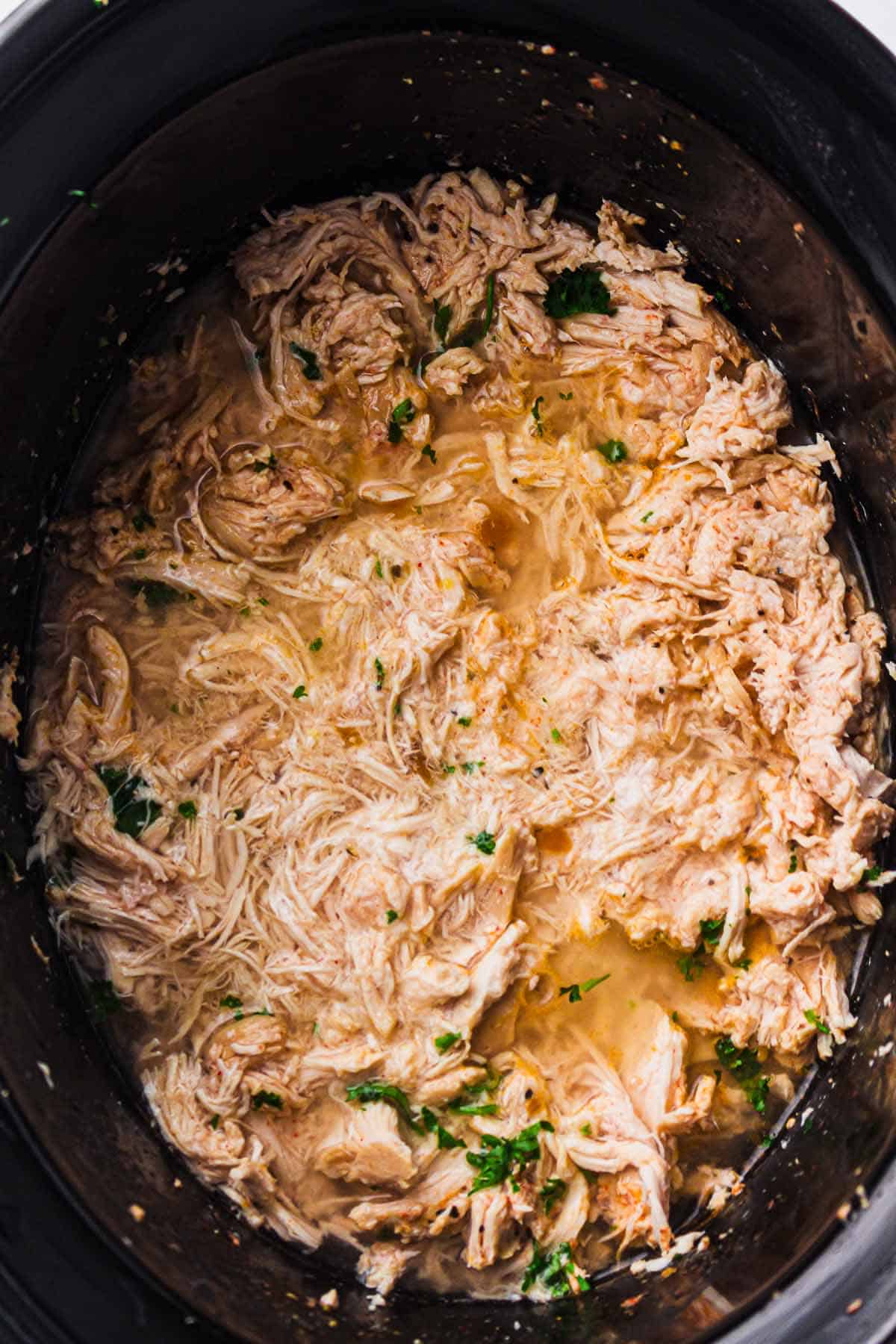 Shredded slow cooker pulled chicken soaking in its flavorful cooking juices.