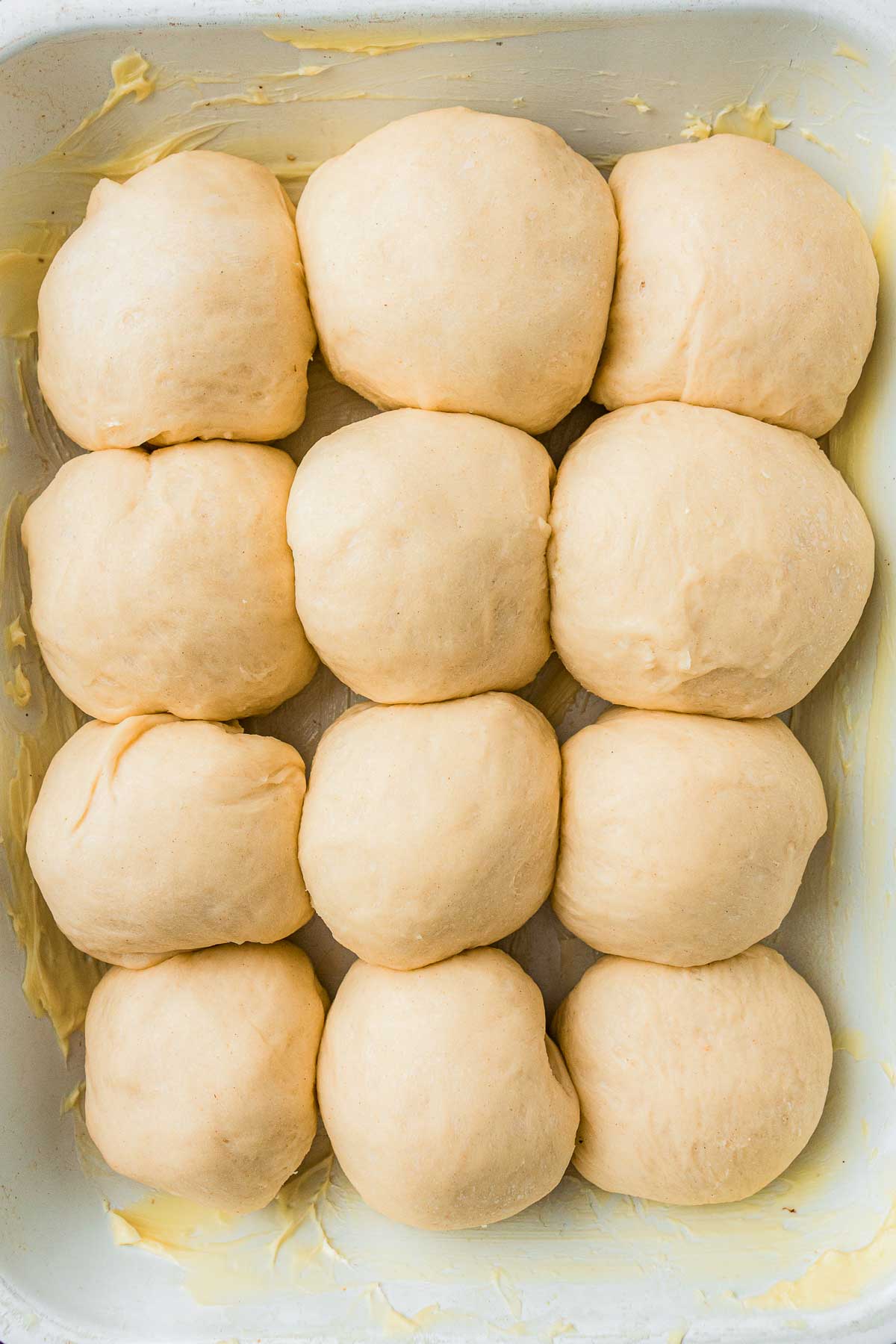 Twelve shaped dinner rolls arranged in a buttered baking dish before rising.