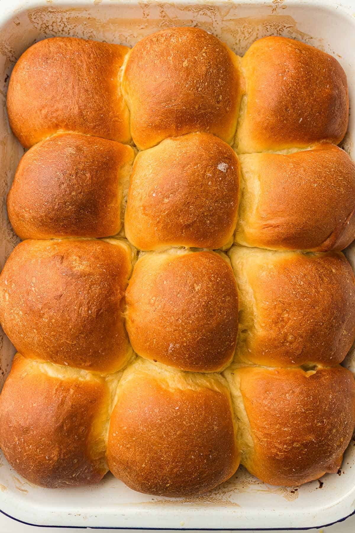 Freshly baked dinner rolls with golden brown tops in a baking dish.
