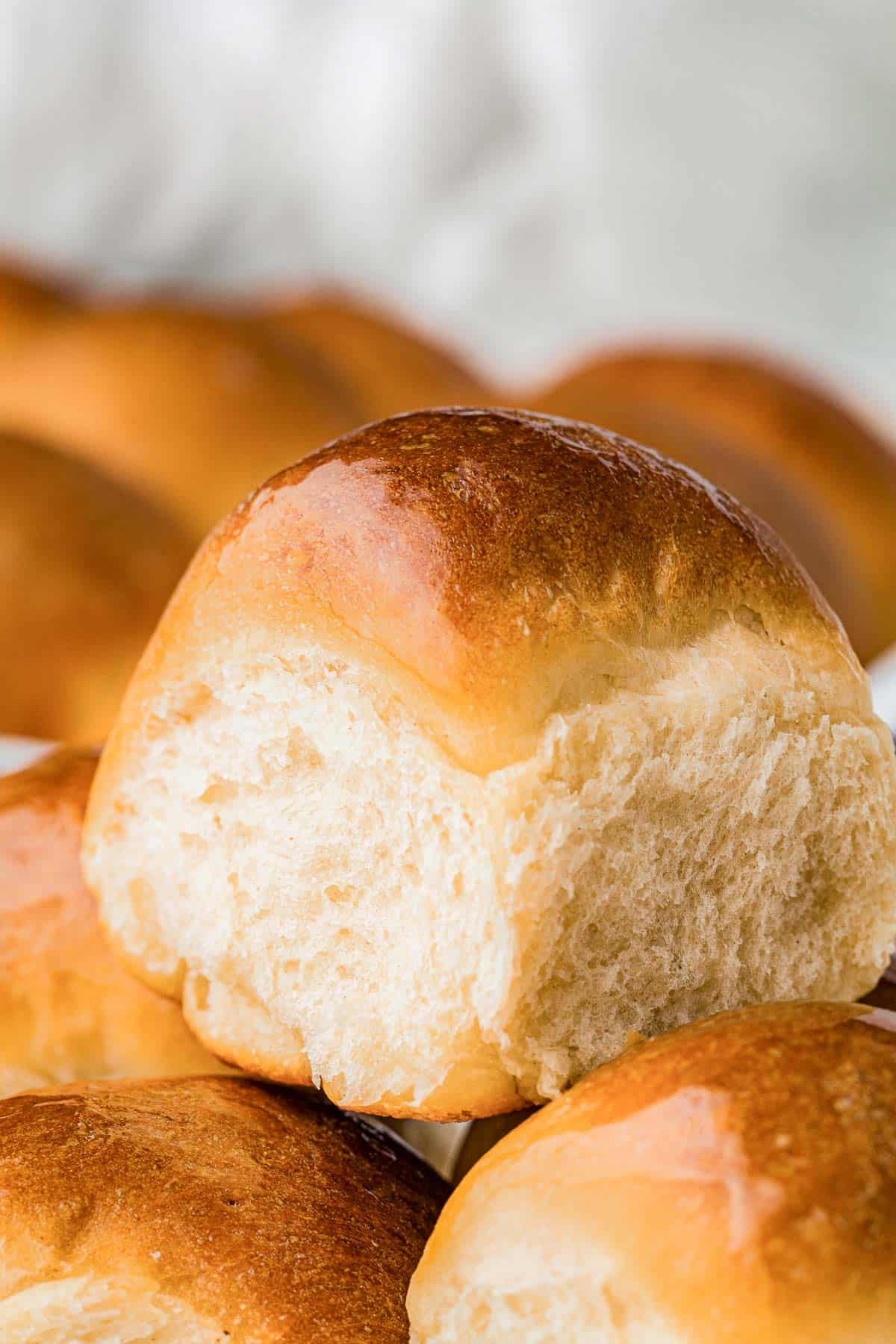 Fluffy homemade dinner roll with a soft, airy interior.