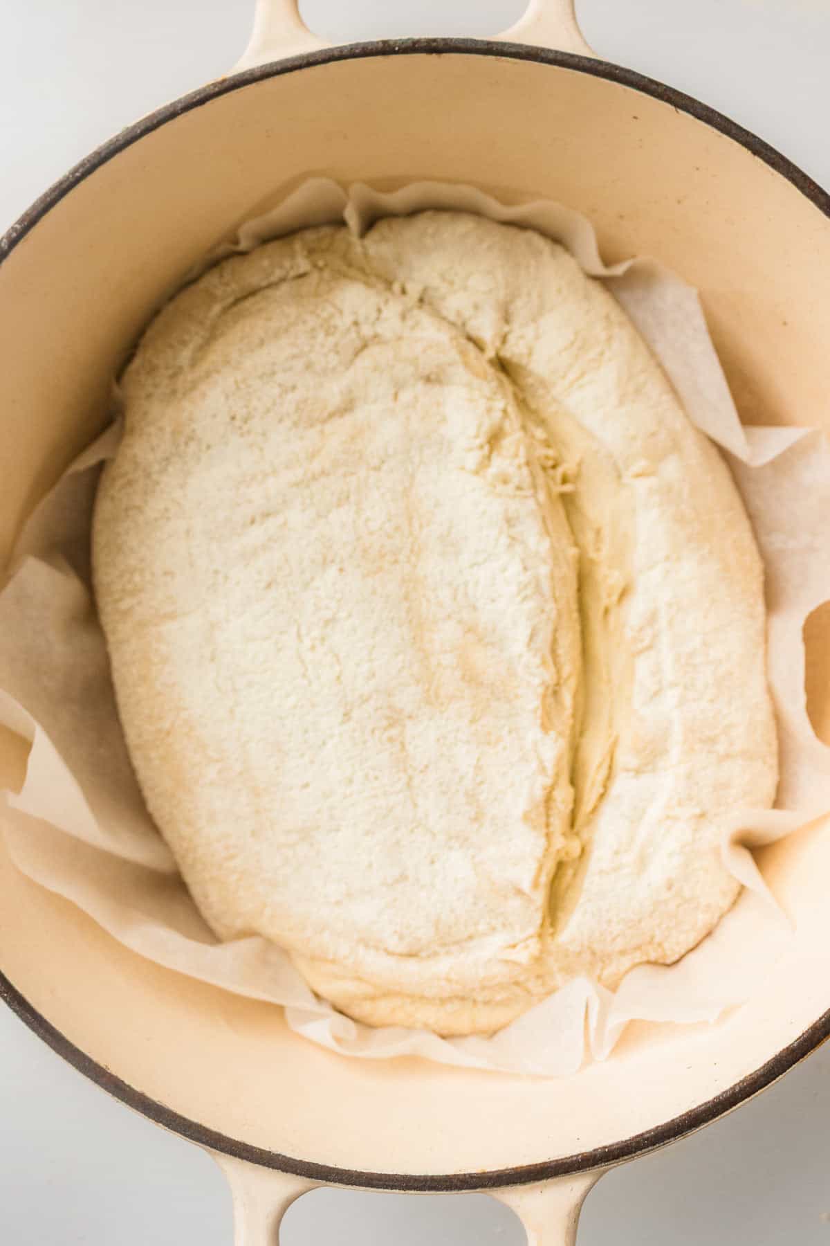 Scored sourdough dough placed inside a Dutch oven