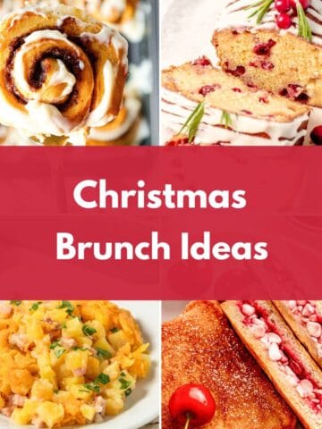 Collage of Christmas breakfast and brunch dishes, including cinnamon rolls, cranberry bread, a breakfast casserole, and cherry French toast sandwiches.