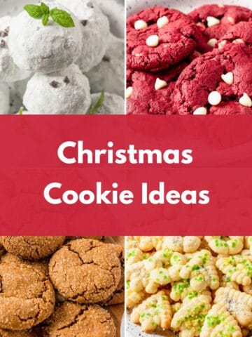 Collage of four Christmas cookie varieties, including red velvet cookies, powdered sugar cookies, ginger cookies, and festive butter cookies, with the text “Christmas Cookie Ideas.”