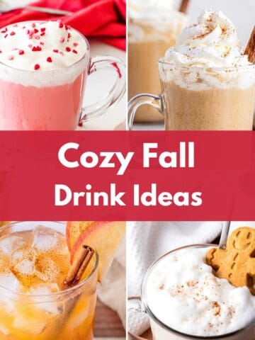 Collage of four cozy fall drinks, including creamy spiced beverages and iced seasonal drinks.