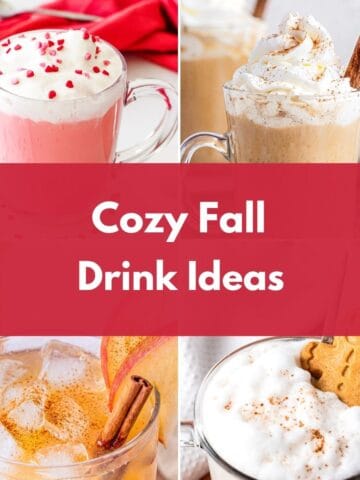 Collage of four cozy fall drinks, including creamy spiced beverages and iced seasonal drinks.