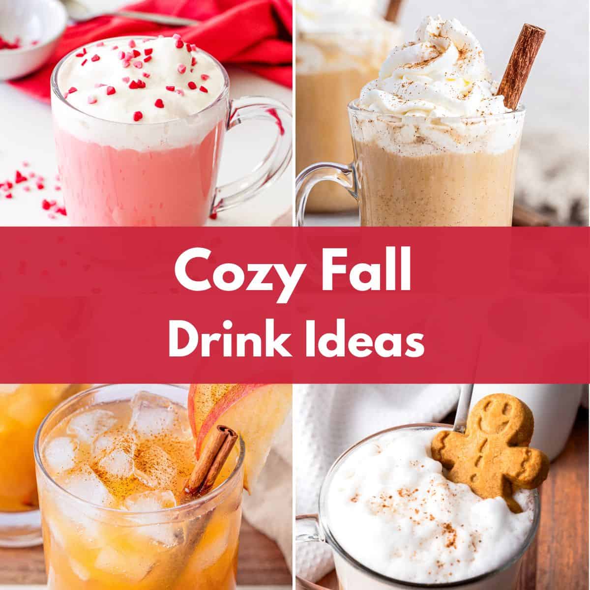 Collage of four cozy fall drinks, including creamy spiced beverages and iced seasonal drinks.