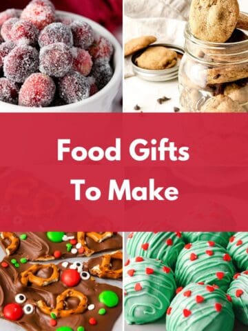 Collage of homemade edible gifts, including sugared cranberries, cookies in a jar, chocolate-covered pretzels, and festive green chocolate treats.