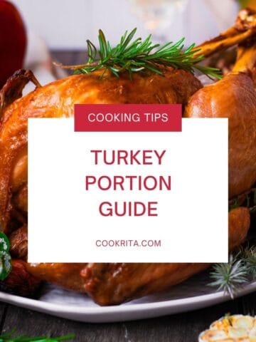 Roasted whole turkey garnished with fresh herbs, featuring the text “Turkey Portion Guide.”