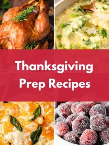 Collage of roast turkey, mashed potatoes, squash, and sugared cranberries with the text “Make-Ahead Thanksgiving Recipes by Day.”