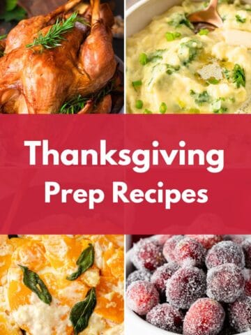 Collage of roast turkey, mashed potatoes, squash, and sugared cranberries with the text “Make-Ahead Thanksgiving Recipes by Day.”