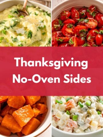 Collage of four no-oven Thanksgiving side dishes, including creamy mashed potatoes, sweet potatoes, tomato salad, and potato salad.