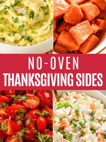 Pinterest pin featuring four no-oven Thanksgiving side dishes with the text “No-Oven Thanksgiving Sides.”