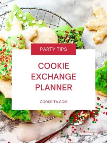 Christmas sugar cookies decorated with green icing and festive sprinkles, featuring the text “Cookie Exchange Planner.”