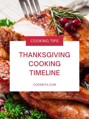 Roasted Thanksgiving turkey with the text “Thanksgiving Cooking Timeline.”