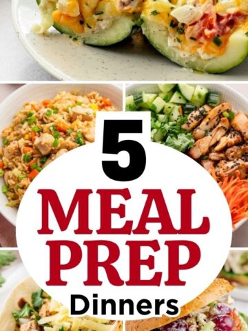 Pinterest pin featuring a collage of five meal prep dinners, including chicken fried rice, stuffed peppers, salads, and tacos, with the text “5 Meal Prep Dinners.”